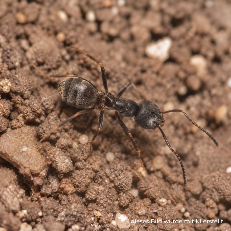 KI-Bild: Ca. 3-4mm kleines, dunkles Insekt mit sechs Beinen, zwei Fühlern, ovalem und geripptem Hinterleib auf krümeliger Erde