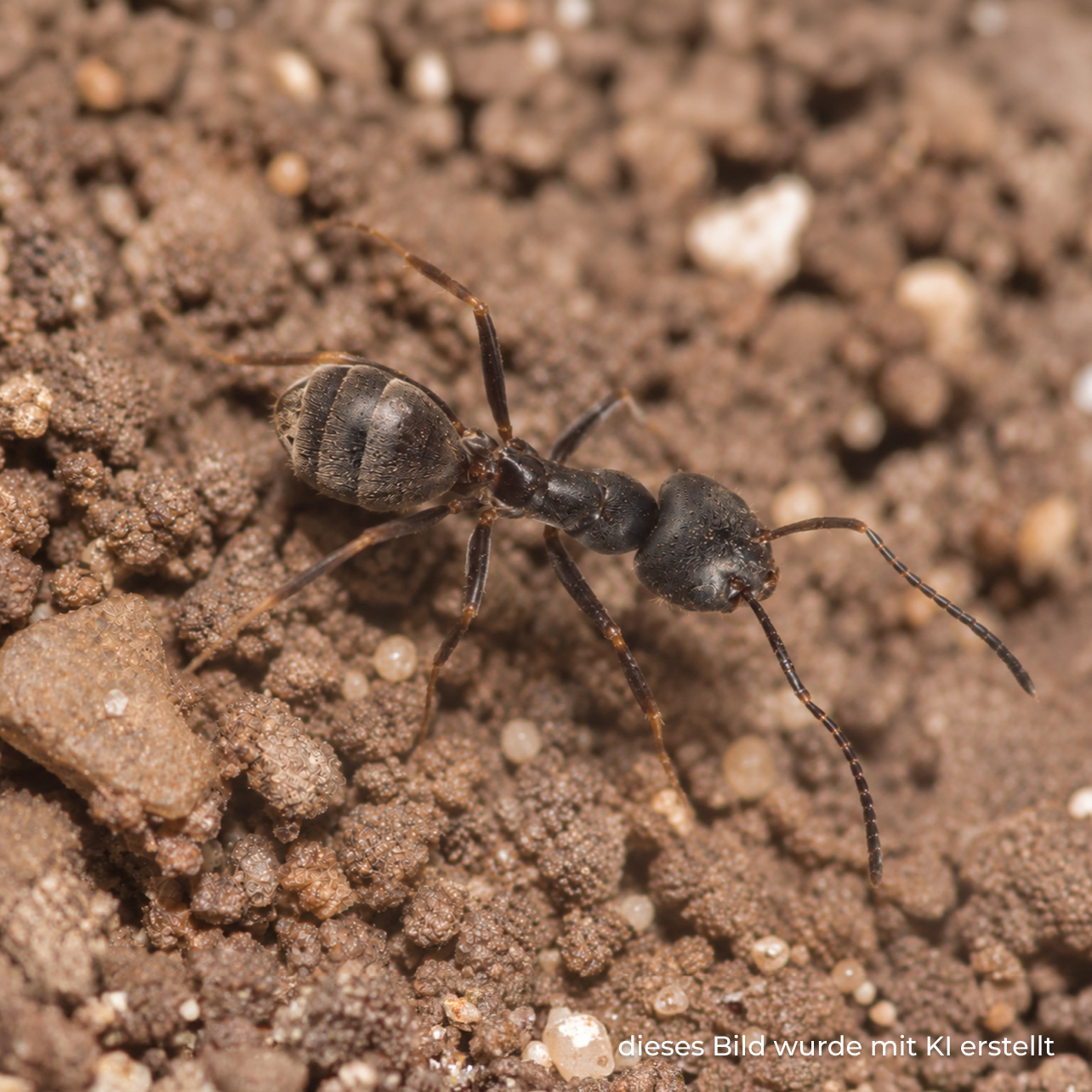 KI-Bild: Ca. 3-4mm kleines, dunkles Insekt mit sechs Beinen, zwei Fühlern, ovalem und geripptem Hinterleib auf krümeliger Erde
